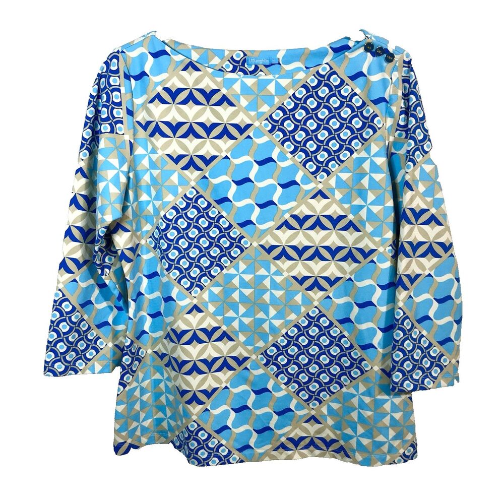 J. McLaughlin Catalina Cloth Top Women M Blue Tile Geo Print Stretch Preppy